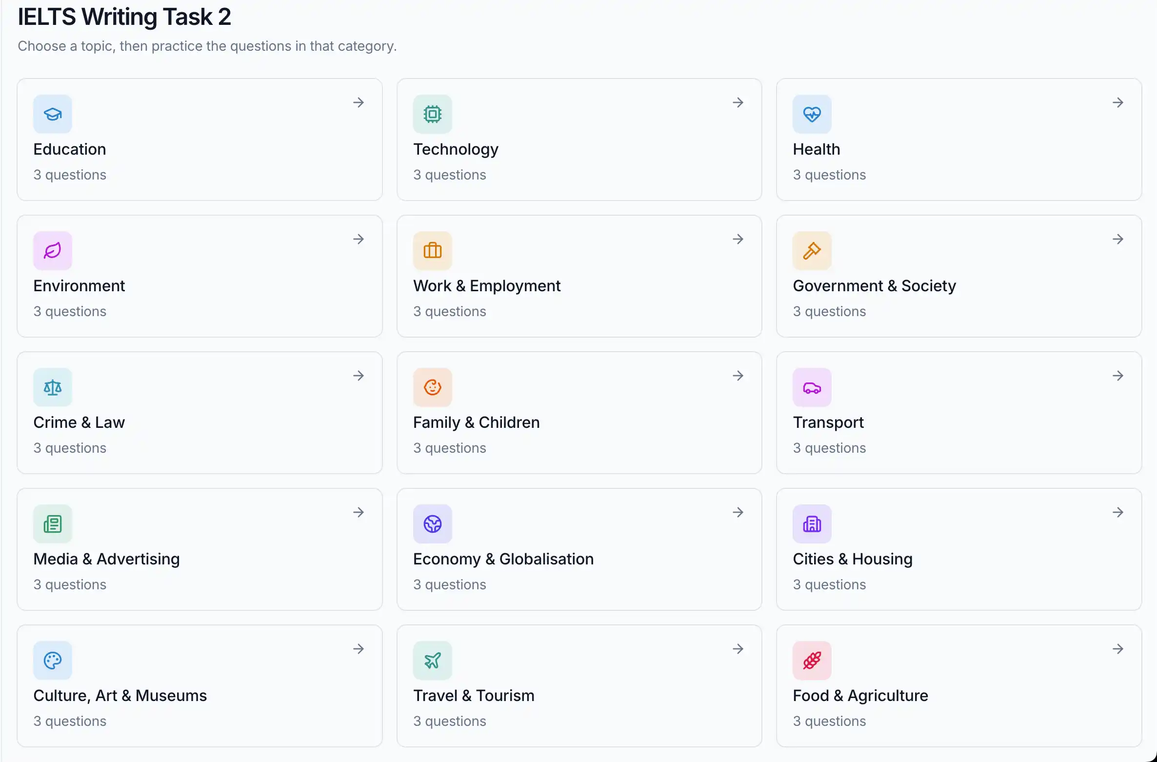 ScorAi writing bank — browse Task 1 and Task 2 practice questions